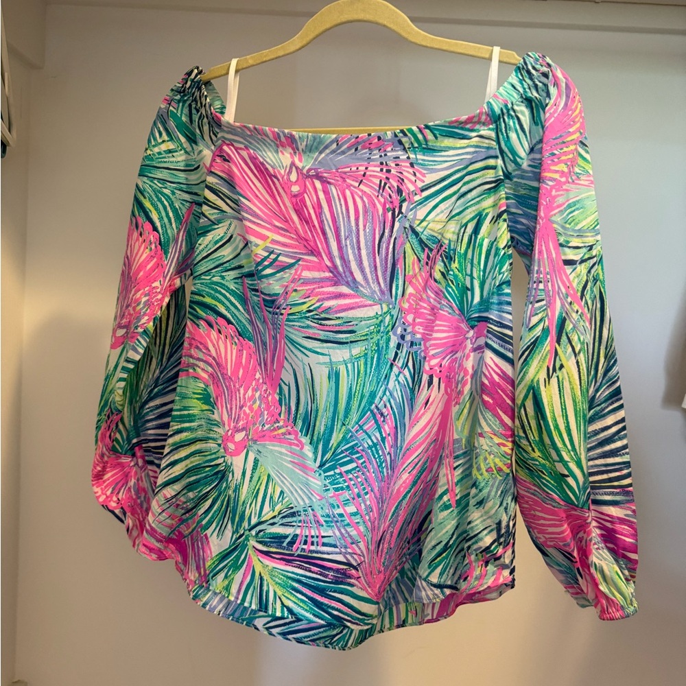 Lilly Pulitzer Pink and Green Ruffled off shoulder Blouse